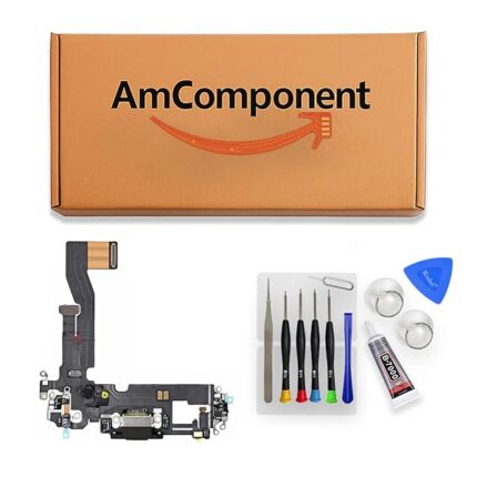 AmComponent - DOCK di ricambio per IPHONE 12 nero CONNETTORE CARICA RICARICA USB FLAT FLEX MICROFONO | Componente di ricambio con prestazioni a lunga durata con il dispositivo