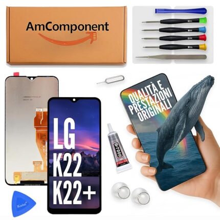 AmComponent - display LCD di ricambio per LG K22 LM-K200 / K22 PLUS touch screen assemblato schermo vetro nero | Componente di ricambio con luminosità intensa e risposta al tocco reattiva