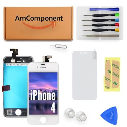 AmComponent - display TIANMA di ricambio per IPHONE 4 bianco schermo + METAL frame vetro LCD touch screen | Componente di ricambio con luminosità intensa e risposta al tocco reattiva