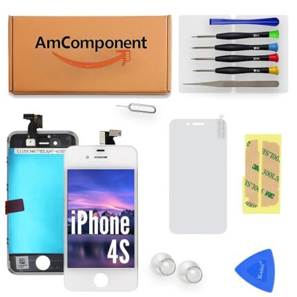 AmComponent - display TIANMA di ricambio per IPHONE 4S bianco schermo + METAL frame vetro LCD touch screen | Componente di ricambio con luminosità intensa e risposta al tocco reattiva