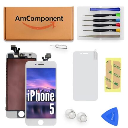 AmComponent - display TIANMA di ricambio per IPHONE 5 bianco schermo + METAL frame vetro LCD touch screen | Componente di ricambio con luminosità intensa e risposta al tocco reattiva