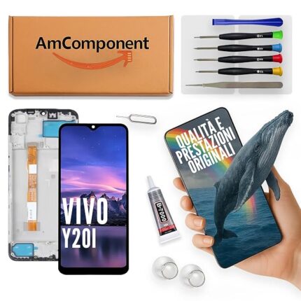AmComponent - display con frame di ricambio per VIVO Y20I V2032 schermo LCD + touch screen vetro MONITOR | Componente di ricambio con luminosità intensa e risposta al tocco reattiva