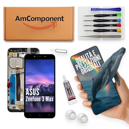 AmComponent - display di ricambio per ASUS ZENFONE 3 MAX ZC553KL schermo + frame LCD vetro touch screen nero | Componente di ricambio con luminosità intensa e risposta al tocco reattiva