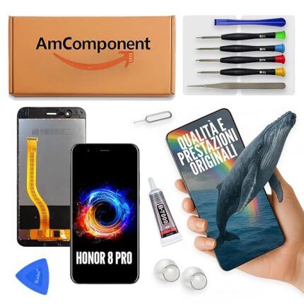 AmComponent - display di ricambio per HONOR 8 PRO DUK-L09 AL20 TL30 V9 LCD schermo frame nero vetro touch | Componente di ricambio con luminosità intensa e risposta al tocco reattiva
