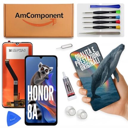 AmComponent - display di ricambio per HONOR 8A JAT-LX3 L09 L29 LX1 L41 AL00 schermo LCD touch screen vetro | Componente di ricambio con luminosità intensa e risposta al tocco reattiva