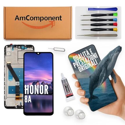 AmComponent - display di ricambio per HONOR 8A JAT-LX3 L09 L29 LX1 L41 frame schermo LCD touch screen vetro | Componente di ricambio con luminosità intensa e risposta al tocco reattiva
