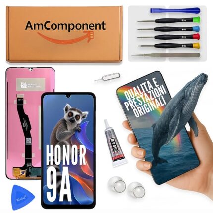 AmComponent - display di ricambio per HONOR 9A MOA-LX9N LCD vetro schermo touch screen nero black 6,3'' | Componente di ricambio con luminosità intensa e risposta al tocco reattiva