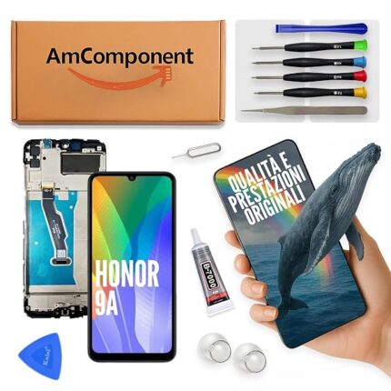 AmComponent - display di ricambio per HONOR 9A MOA-LX9N schermo LCD + vetro touch screen COMPLETO di frame | Componente di ricambio con luminosità intensa e risposta al tocco reattiva