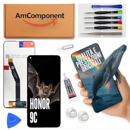 AmComponent - display di ricambio per HONOR 9C AKA-L29 LCD + touch screen schermo vetro HUAWEI nero black | Componente di ricambio con luminosità intensa e risposta al tocco reattiva