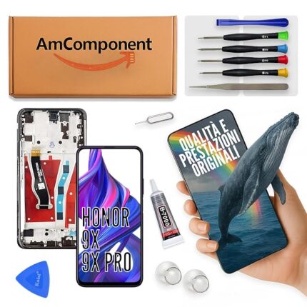 AmComponent - display di ricambio per HONOR 9X STK-LX1 / 9X PRO HLK-L41 L42 schermo LCD vetro touch frame nero | Componente di ricambio con luminosità intensa e risposta al tocco reattiva
