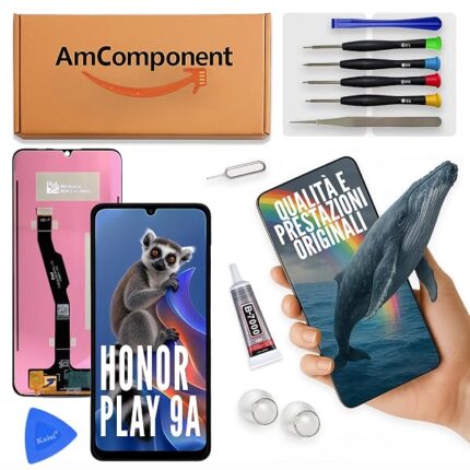 AmComponent - display di ricambio per HONOR PLAY 9A MOA-AL20 MED-AL20 LCD vetro schermo touch screen nero | Componente di ricambio con luminosità intensa e risposta al tocco reattiva
