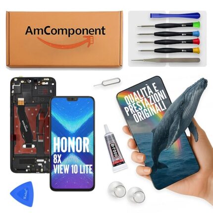 AmComponent - display di ricambio per HONOR VIEW 10 LITE / 8X JSN-L21 L11 L22 schermo frame nero LCD vetro touch screen | Componente di ricambio con luminosità intensa e risposta al tocco reattiva