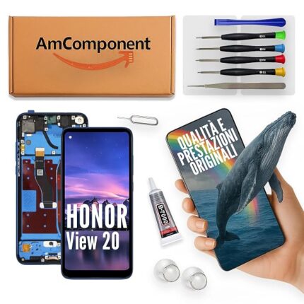 AmComponent - display di ricambio per HONOR VIEW 20 PCT-L29 AL10 LX9 schermo LCD + vetro touch + frame blu | Componente di ricambio con luminosità intensa e risposta al tocco reattiva