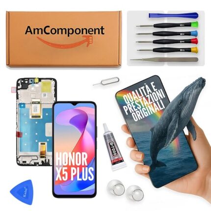AmComponent - display di ricambio per HONOR X5 PLUS WOD-LX1 LX2 LX3 schermo frame LCD vetro | Componente di ricambio con luminosità intensa e risposta al tocco reattiva (DIVERSO DA HONOR X5C PLUS)