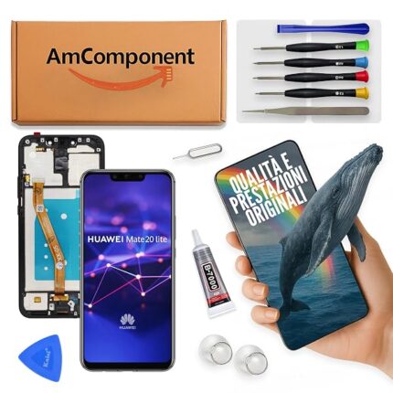 AmComponent - display di ricambio per HUAWEI MATE 20 LITE SNE-LX1 LX2 LX3 schermo frame nero LCD vetro touch screen | Componente di ricambio con luminosità intensa e risposta al tocco reattiva