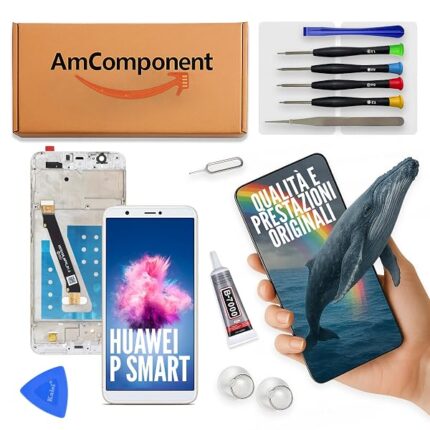 AmComponent - display di ricambio per HUAWEI P SMART FIG-LX1 LX2 LX3 schermo frame LCD bianco vetro | Componente di ricambio con luminosità intensa e risposta al tocco reattiva