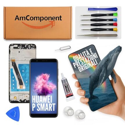 AmComponent - display di ricambio per HUAWEI P SMART FIG-LX1 LX2 LX3 schermo frame LCD nero vetro | Componente di ricambio con luminosità intensa e risposta al tocco reattiva