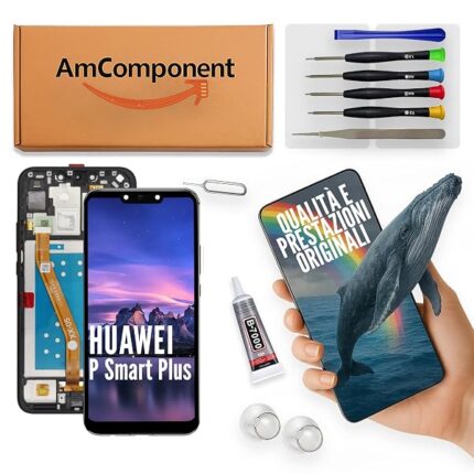 AmComponent - display di ricambio per HUAWEI P SMART PLUS INE-LX1 LX2 schermo frame nero LCD + vetro touch | Componente di ricambio con luminosità intensa e risposta al tocco reattiva