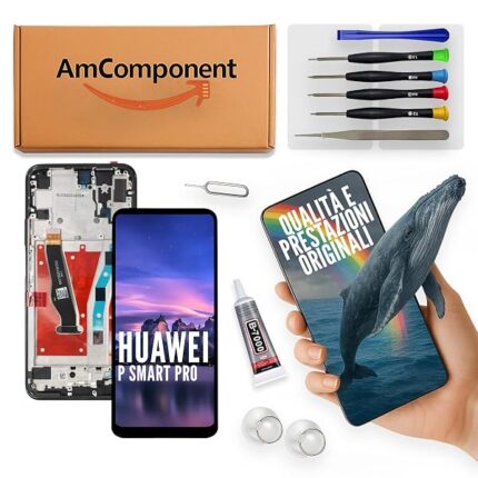 AmComponent - display di ricambio per HUAWEI P SMART PRO STK-L21 schermo frame nero LCD vetro touch screen | Componente di ricambio con luminosità intensa e risposta al tocco reattiva