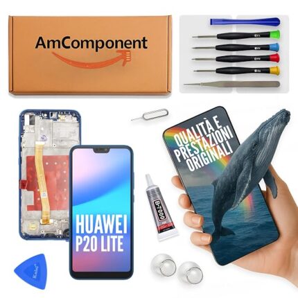 AmComponent - display di ricambio per HUAWEI P20 LITE ANE-LX1 ANE-LX2 schermo LCD + vetro touch + frame blu | Componente di ricambio con luminosità intensa e risposta al tocco reattiva