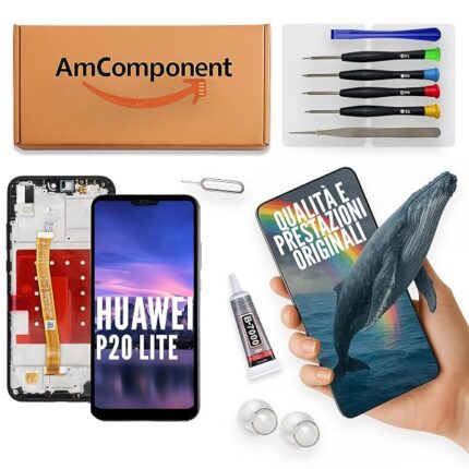 AmComponent - display di ricambio per HUAWEI P20 LITE ANE-LX1 ANE-LX2 schermo LCD + vetro touch + frame nero | Componente di ricambio con luminosità intensa e risposta al tocco reattiva