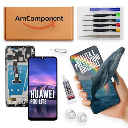 AmComponent - display di ricambio per HUAWEI P30 LITE MAR-LX1M LX1A LX1A LX2J schermo LCD touch screen + frame nero (48MPX) | Componente di ricambio con luminosità intensa e risposta al tocco reattiva