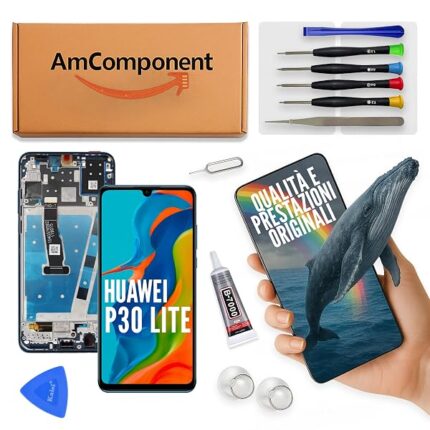 AmComponent - display di ricambio per HUAWEI P30 LITE MAR-LX1M MAR-LX1A LX2J schermo LCD + vetro touch + frame blu | Componente di ricambio con luminosità intensa e risposta al tocco reattiva
