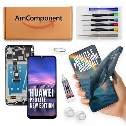 AmComponent - display di ricambio per HUAWEI P30 LITE NEW EDITION MAR-LX2B schermo LCD + touch screen vetro + frame nero | Componente di ricambio con luminosità intensa e risposta al tocco reattiva