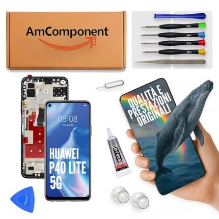 AmComponent - display di ricambio per HUAWEI P40 LITE 5G CDY-NX9A schermo frame nero LCD vetro touch screen | Componente di ricambio con luminosità intensa e risposta al tocco reattiva