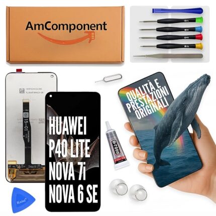 AmComponent - display di ricambio per HUAWEI P40 LITE/NOVA 7I / NOVA 6 SE JNY-L21A LX1 LX2 L01A schermo LCD touch vetro | Componente di ricambio con luminosità intensa e risposta al tocco reattiva