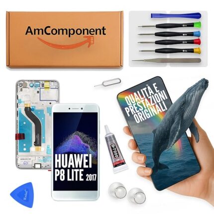 AmComponent - display di ricambio per HUAWEI P8 LITE 2017 PRA-LX1 LX3 LA1 schermo con frame bianco vetro LCD touch screen | Componente di ricambio con luminosità intensa e risposta al tocco reattiva
