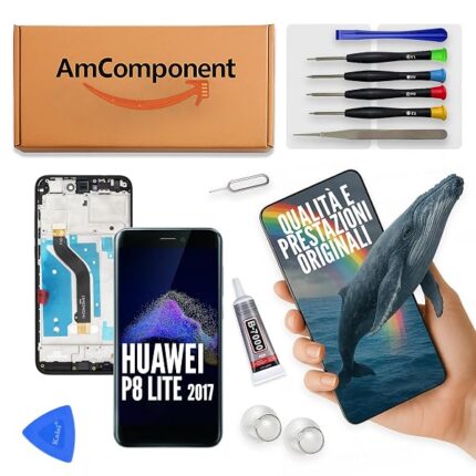 AmComponent - display di ricambio per HUAWEI P8 LITE 2017 PRA-LX1 LX3 LA1 schermo con frame nero vetro LCD touch screen | Componente di ricambio con luminosità intensa e risposta al tocco reattiva