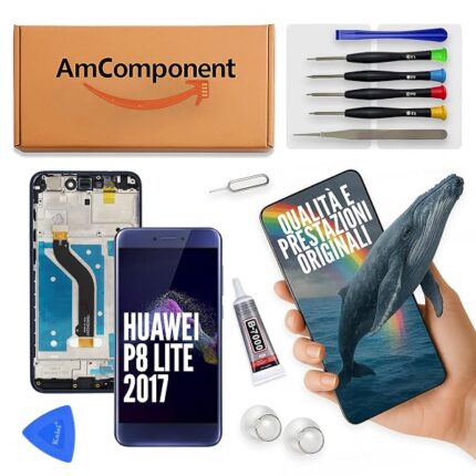AmComponent - display di ricambio per HUAWEI P8 LITE 2017 PRA-LX1 LX3 LA1 schermo frame blu touch screen vetro LCD | Componente di ricambio con luminosità intensa e risposta al tocco reattiva