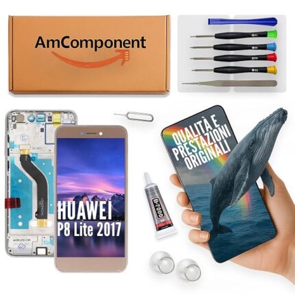 AmComponent - display di ricambio per HUAWEI P8 LITE 2017 PRA-LX1 LX3 LA1 schermo + frame oro gold vetro LCD touch screen | Componente di ricambio con luminosità intensa e risposta al tocco reattiva