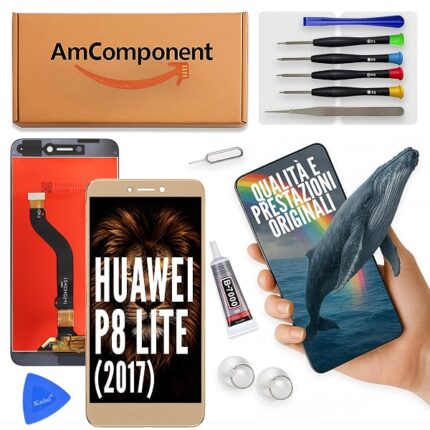 AmComponent - display di ricambio per HUAWEI P8 LITE 2017 PRA-LX1 LX3 LA1 schermo oro gold vetro LCD touch | Componente di ricambio con luminosità intensa e risposta al tocco reattiva