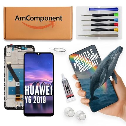 AmComponent - display di ricambio per HUAWEI Y6 2019 MRD-LX1 frame LX3 LX1N LX2 schermo LCD touch screen vetro | Componente di ricambio con luminosità intensa e risposta al tocco reattiva