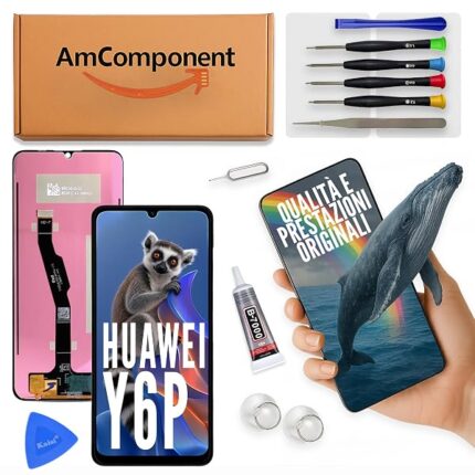 AmComponent - display di ricambio per HUAWEI Y6P MED-LX9N 2020 LCD vetro touch screen nero black 6,3'' | Componente di ricambio con luminosità intensa e risposta al tocco reattiva
