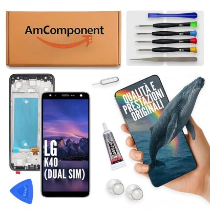 AmComponent - display di ricambio per LG K40 LMX420EMW schermo LCD vetro touch screen + frame | Componente di ricambio con luminosità intensa e risposta al tocco reattiva