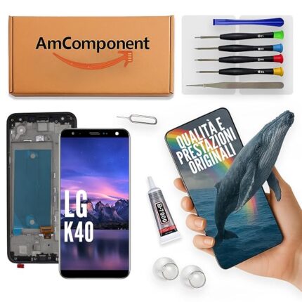 AmComponent - display di ricambio per LG K40 LMX420EMW schermo LCD vetro touch screen + frame | Componente di ricambio con luminosità intensa e risposta al tocco reattiva