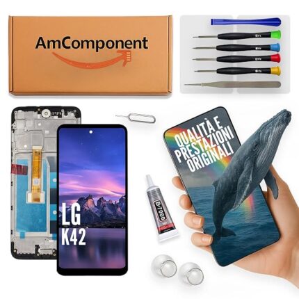 AmComponent - display di ricambio per LG K42 LMK420EMW schermo LCD vetro touch screen + frame | Componente di ricambio con luminosità intensa e risposta al tocco reattiva