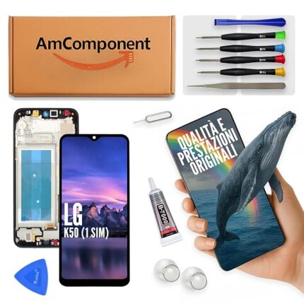 AmComponent - display di ricambio per LG K50 LMX520 schermo LCD vetro touch screen COMPLETO di frame (UNA SIM) | Componente di ricambio con luminosità intensa e risposta al tocco reattiva