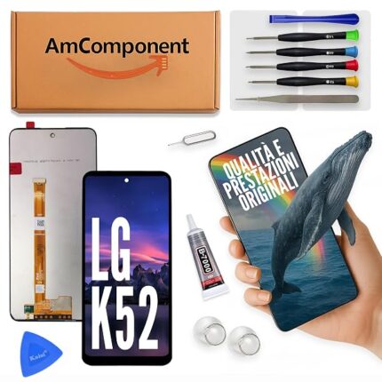 AmComponent - display di ricambio per LG K52 LM-K520EMW LMK520EMW LMW LCD + touch screen vetro schermo nero | Componente di ricambio con luminosità intensa e risposta al tocco reattiva