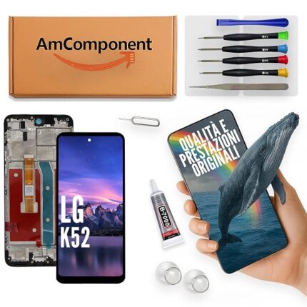 AmComponent - display di ricambio per LG K52 LMK520EMW schermo LCD + vetro touch screen + frame | Componente di ricambio con luminosità intensa e risposta al tocco reattiva
