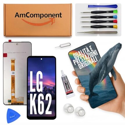 AmComponent - display di ricambio per LG K62 LM-K620EMW LMK620EMW LMW LCD + touch screen vetro schermo nero | Componente di ricambio con luminosità intensa e risposta al tocco reattiva