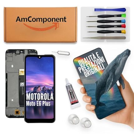 AmComponent - display di ricambio per MOTOROLA MOTO E6 PLUS XT2025 schermo LCD + vetro touch screen + frame | Componente di ricambio con luminosità intensa e risposta al tocco reattiva