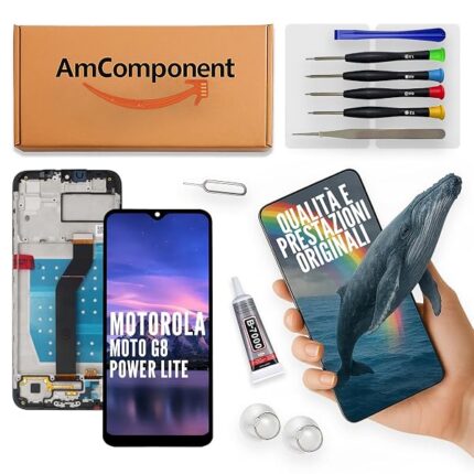 AmComponent - display di ricambio per MOTOROLA MOTO G8 POWER LITE XT2055 XT-2055 schermo frame LCD touch screen vetro | Componente di ricambio con luminosità intensa e risposta al tocco reattiva