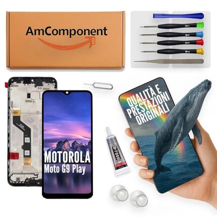 AmComponent - display di ricambio per MOTOROLA MOTO G9 PLAY XT-2083 XT2083 frame + LCD touch schermo vetro | Componente di ricambio con luminosità intensa e risposta al tocco reattiva