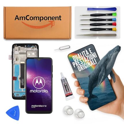 AmComponent - display di ricambio per MOTOROLA ONE MACRO XT2016 XT-2016 schermo frame LCD touch screen vetro | Componente di ricambio con luminosità intensa e risposta al tocco reattiva