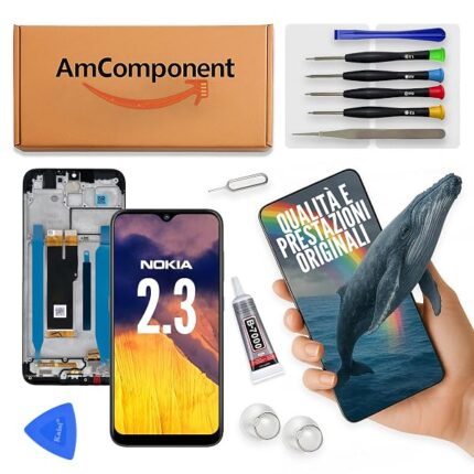 AmComponent - display di ricambio per NOKIA 2.3 TA-1206 1209 1211 1214 vetro schermo frame LCD | Componente di ricambio con luminosità intensa e risposta al tocco reattiva