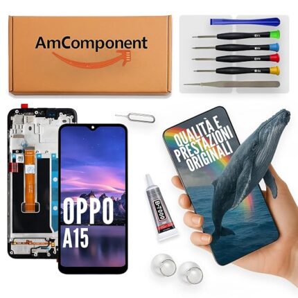 AmComponent - display di ricambio per OPPO A15 CPH2185 schermo LCD + vetro touch screen + frame | Componente di ricambio con luminosità intensa e risposta al tocco reattiva